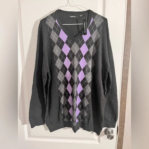 Claiborne Mens XL 90s Y2K Purple Gray Argyle V-Neck Sweater - Picture 1 of 4